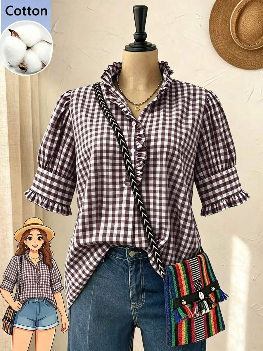Linhara Plus Size Women's Summer Ruffle Trim Green Gingham Vacation Casual Style Blouses ,Green Gingham Top Plaid Top - Coffee Brown - View 1