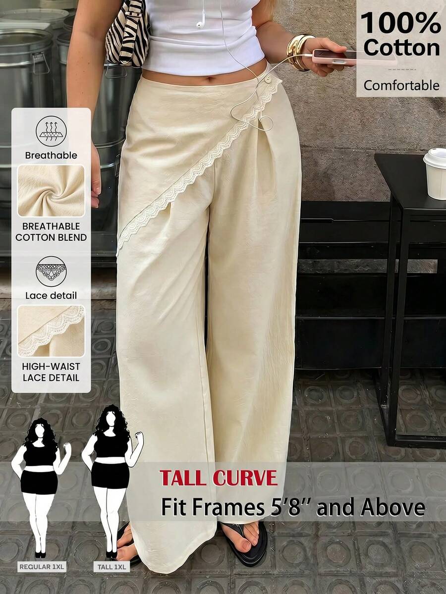SHEIN Tall CURVE Women's Plus Size Lace Patchwork Wide Leg Long Pants - Apricot - View 1