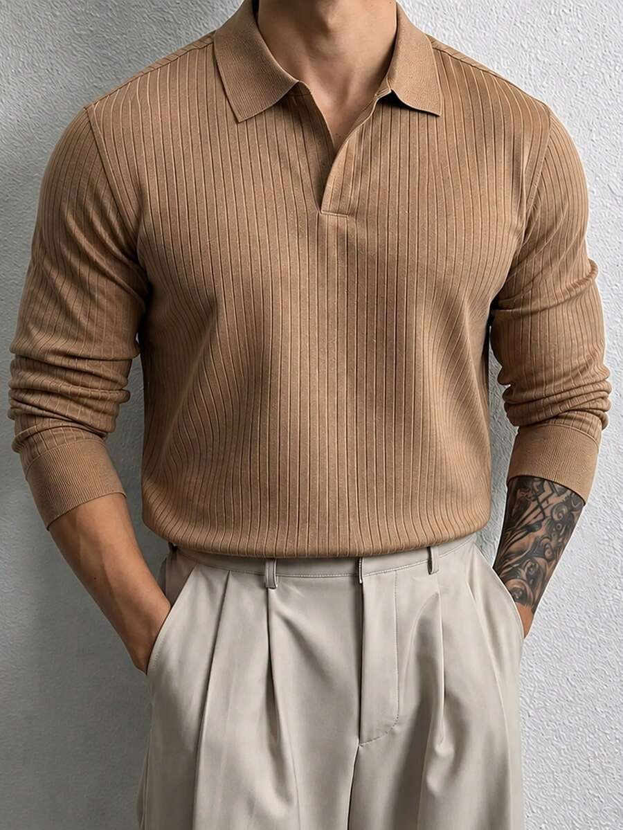 Manfinity Homme Men's Casual Solid Rib-Knit Long Sleeve Polo Shirt, Minimalist Versatile Daily Wear, Formal - Khaki - View 1
