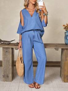 EMERY ROSE Set Denim Kasual Wanita Model V-Neck dan Celana Panjang untuk Liburan Sehari-hari, Warna Biru Muda, Musim Gugur - Biru - View 10