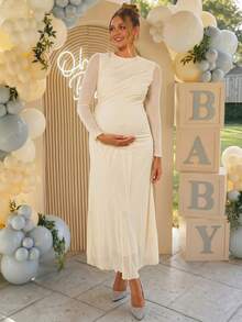 Loomaby Elegant Maternity Solid Color Party Photoshoot Dress, Gender Reveal Dress, Baby Shower Dress, Wedding, Birthday Autumn Allover White - Yellow - View 14