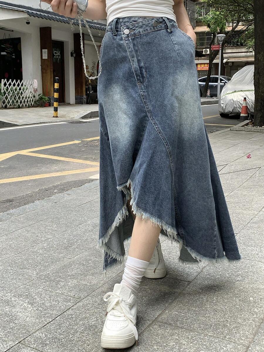 DAZY Falda casual de mujer de estilo coreano asimétrica de denim lavado para la escuela - Azul - Ver 1