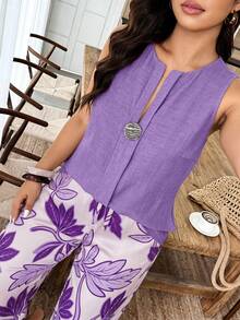 Weeklong Women's Plus Size Spring/Summer Floral Print Button Decor Casual Vacation 2-Piece Set - Multicolor - View 7