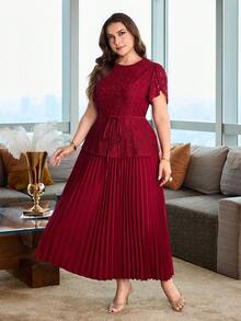 Modelyn Plus Size Women's Round Neck Lace Waist Tie Pleated Casual Date Outing Summer Dress - Burgundy - View 3