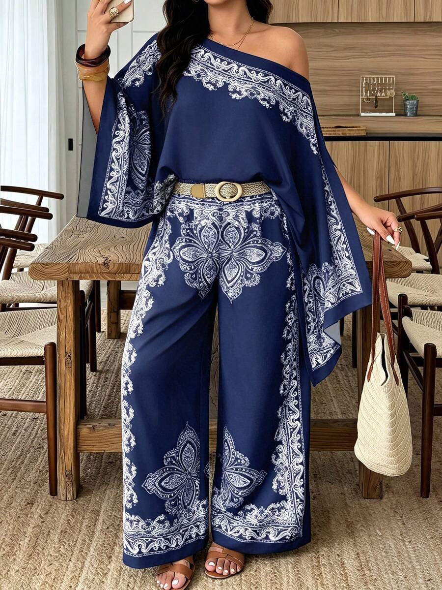 Weeklong Women's Plus Size Spring/Summer Vacation Casual Cape, One-Shoulder Shawl With Asymmetrical Hem, Paisley Print, Island Style 2-Piece Set Fall/Winter - Multicolor - View 1