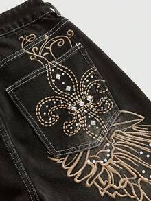 ROMWE Grunge Punk 龐克街頭東京街頭風文化背翼刺繡水鑽女款寬鬆牛仔中長褲 - 黑色 - 查看 4