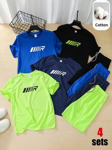 SHEIN 4套青少年男孩買4送4休閒純色字母印花短袖圓領T恤與短褲多件套裝，夏季上衣，夏季短褲，男孩套裝兒童套裝，適合春夏季，情人節，夏季穿搭，海灘週末，家庭聚會，返校季，婚禮季，運動，生日派對 - 彩色 - 查看 2