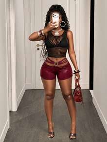 BamGleam Débardeur sans manches en résille noire style Hot Girl, top court sexy transparent en maille, couche intérieure/extérieure polyvalente - Noir - Voir 7