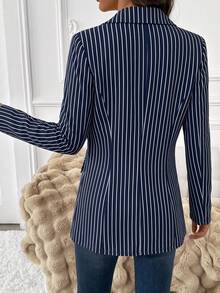 SHEIN Clasi 女款優雅秋季格紋西裝外套，百搭長袖夾克，適合日常穿著與通勤，經典格紋大衣 - 藍白色 - 查看 2