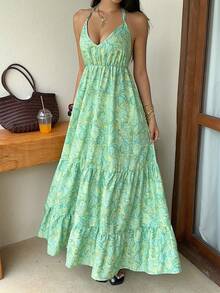 Sunnyshic Bohemian Vacation Series Fashion Halter Neck Sexy Backless Beach Classic Blue Print Summer Versatile New Women's Dress - Green - View 5