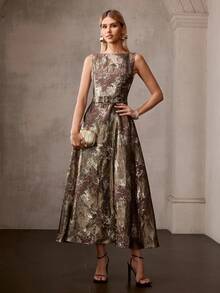 MOTF PREMIUM COFFEE GOLD JACQUARD LONG DRESS WITH BELT - Coffee - View 2