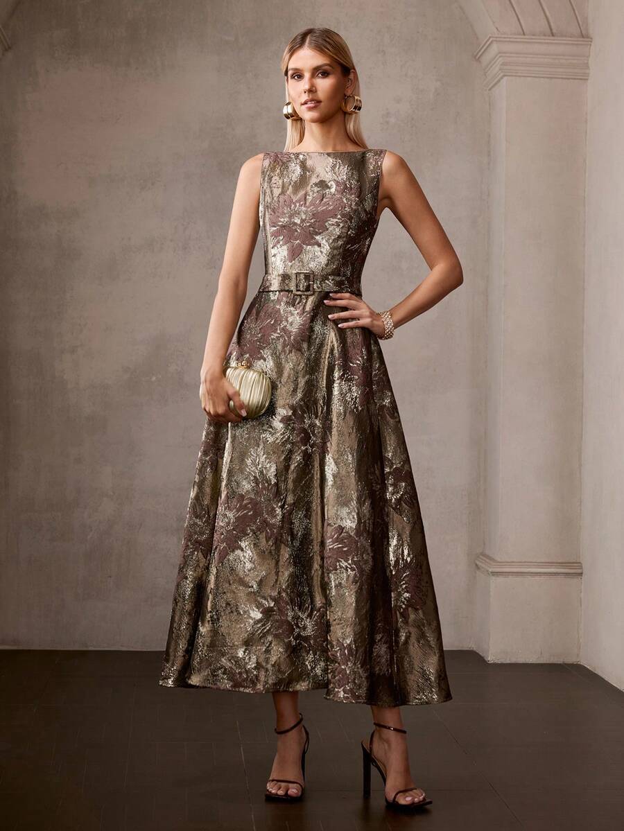MOTF PREMIUM COFFEE GOLD JACQUARD LONG DRESS WITH BELT