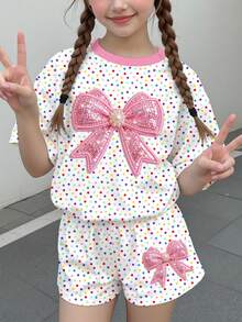 Tween女孩休閒極簡可愛甜美亮面蝴蝶結圖案，彩色波點印花，甜美奶油風，度假風，短袖短褲兩件套，適合夏季，圖案設計，舒適，女孩套裝，Y2K，Kawaii - 彩色 - 查看 3