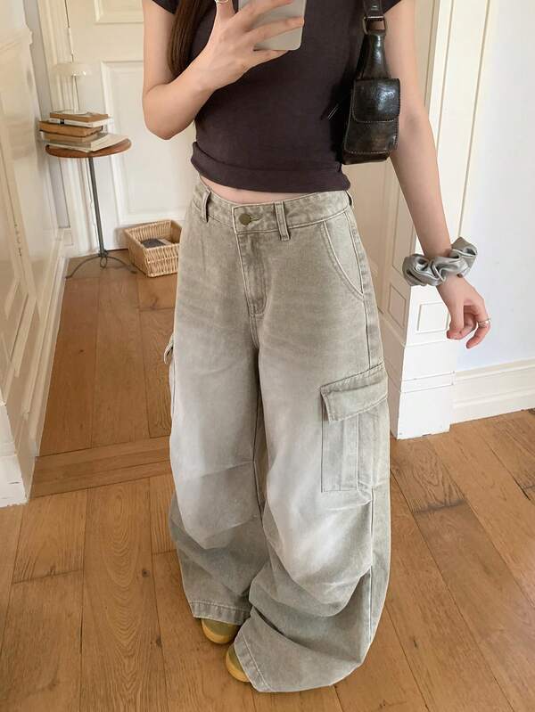DAZY Women's Washed Pleated Loose Korean Style Casual Streetwear Long Pants