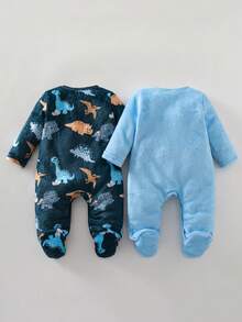 Newborn Baby Boy Autumn/Winter Soft Plush Fabric Dinosaur Digital Print Pattern Long Sleeve Jumpsuit 2-Piece Set Pajamas Loungewear - Multicolor - View 2