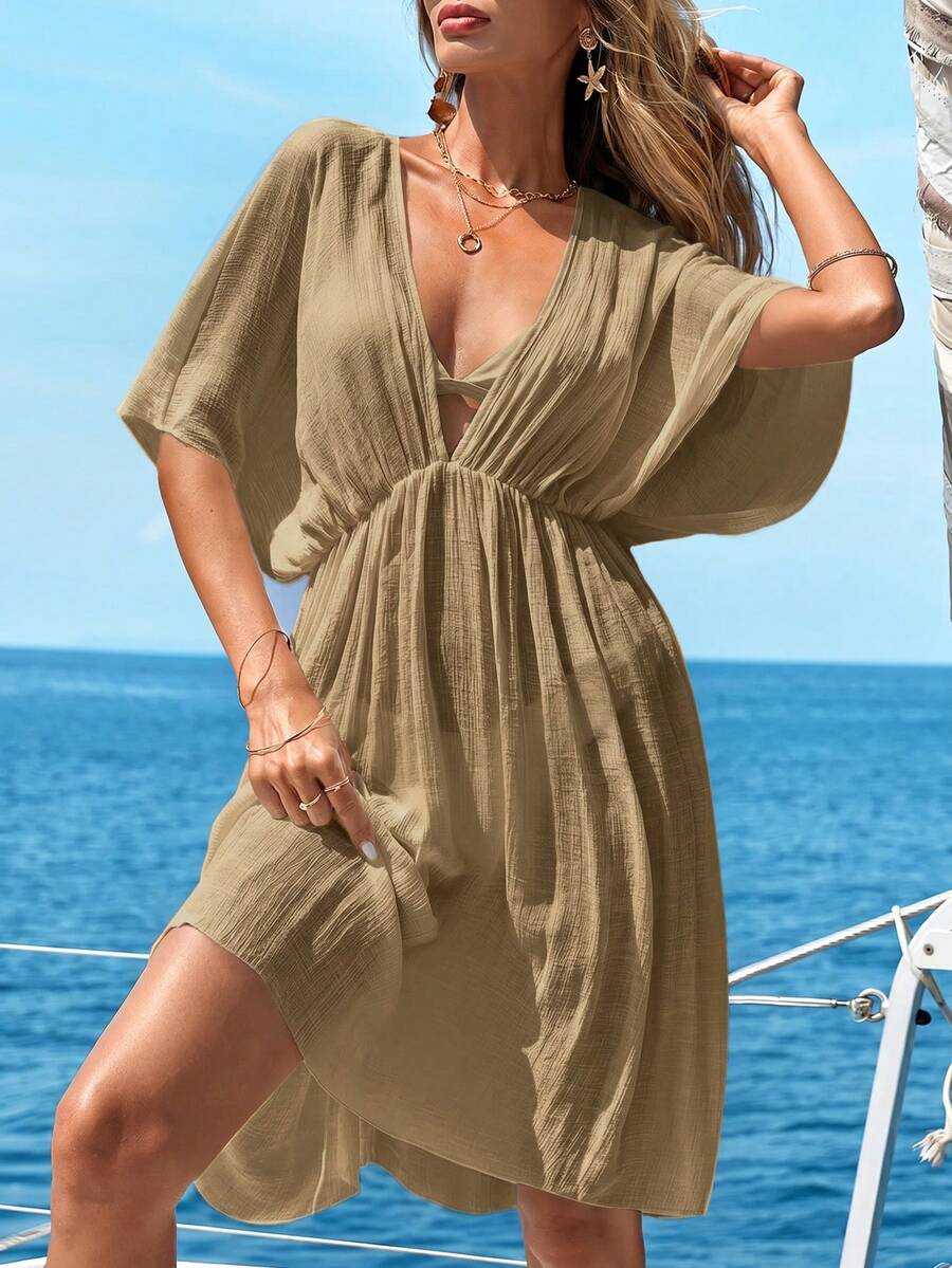 Swim Vcay Solid Color Batwing Sleeve Beach Cover-Up - Khaki - View 1