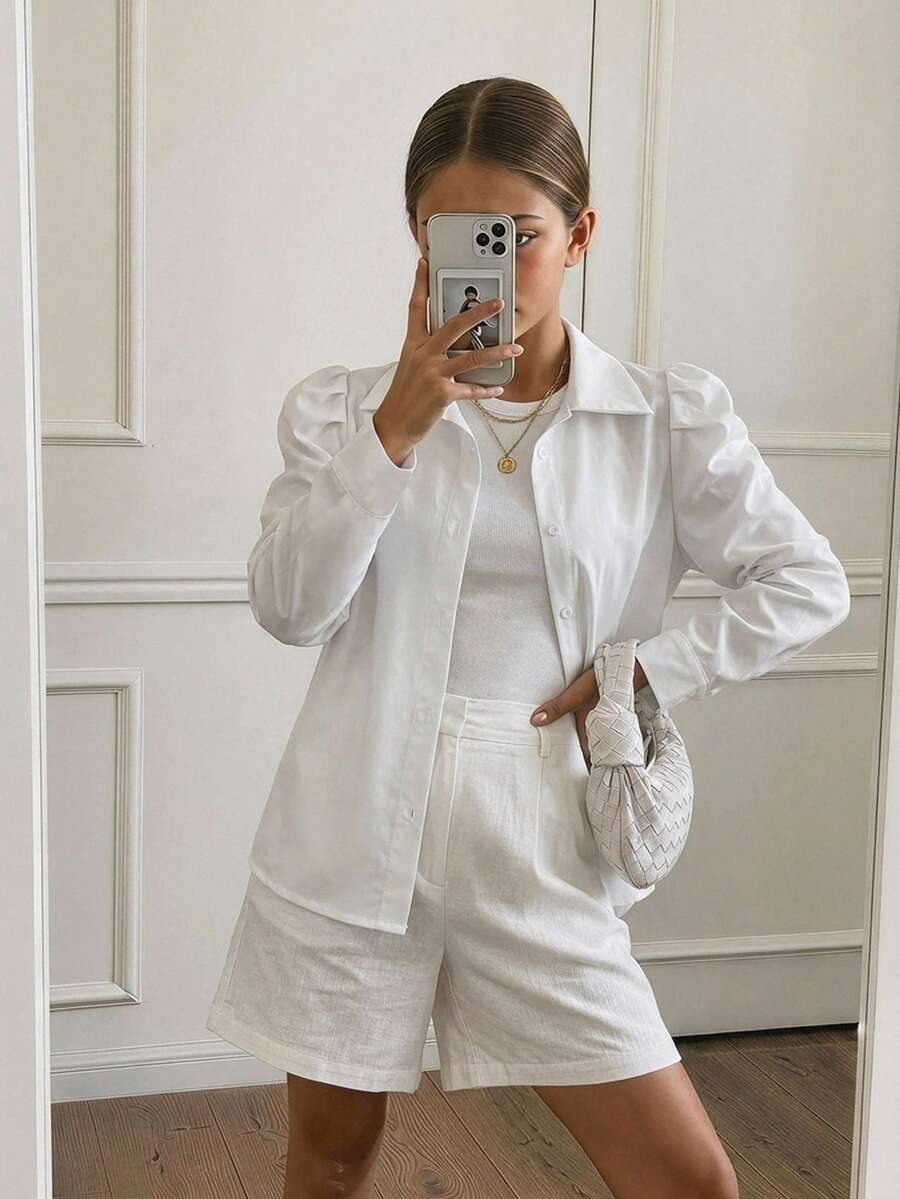 Hapijoa 青少年女孩秋季服飾 青少年女孩翻領短袖襯衫 夏季 - 白色 - 查看 1