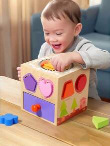 MINKOJA Wooden Multi-Sided Shape Sorting Touch Box, Montessori Early Learning Cube With Multi Shape Blocks, Tactile Exploration Bag & Storage Drawer, Color & Shape Cognition Fine Motor Toy Gift For Toddlers 18 Months+ - Multicolor - View 3