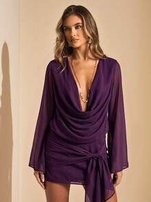 SHEIN BAE Spring/Summer Solid Plum Purple Red Women's Designer Chiffon Long Sleeve Mini Wrap Dress, Deep Draped Neck, Cowl Neck, Summer Vacation Beach, Going Out Dress, Elegant Dress - Purple - View 7