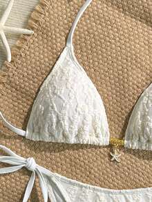 SHEIN Swim 2件組蕾絲網紗掛脖三角比基尼上衣綁繩泳褲性感熱帶時尚泳裝套裝 白色夏季派對度假款 - 白色 - 查看 4