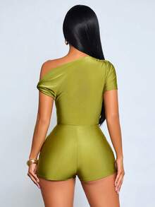 SOLERSUN Elegant Fashionable Casual Street Style Glossy Stretch Fabric Short-Sleeved Asymmetrical Neckline Metal Buckle Sexy Jumpsuit Club Olive Green - Green - View 3