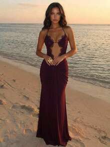 Aloruh Robe de soirée de fête élégante et sexy en patchwork de dentelle violet foncé extra longue - Prune - Voir 3