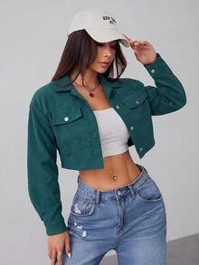 SHEIN PETITE Spring Outfits Drop Shoulder Flap Detail Crop Corduroy Black Jacket In Fall/Winter - Green - View 7