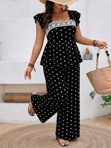 Breezaya Conjunto de 2 piezas de top y pantalones con estampado de lunares talla grande, atuendo casual para vacaciones - Negro - Ver 1