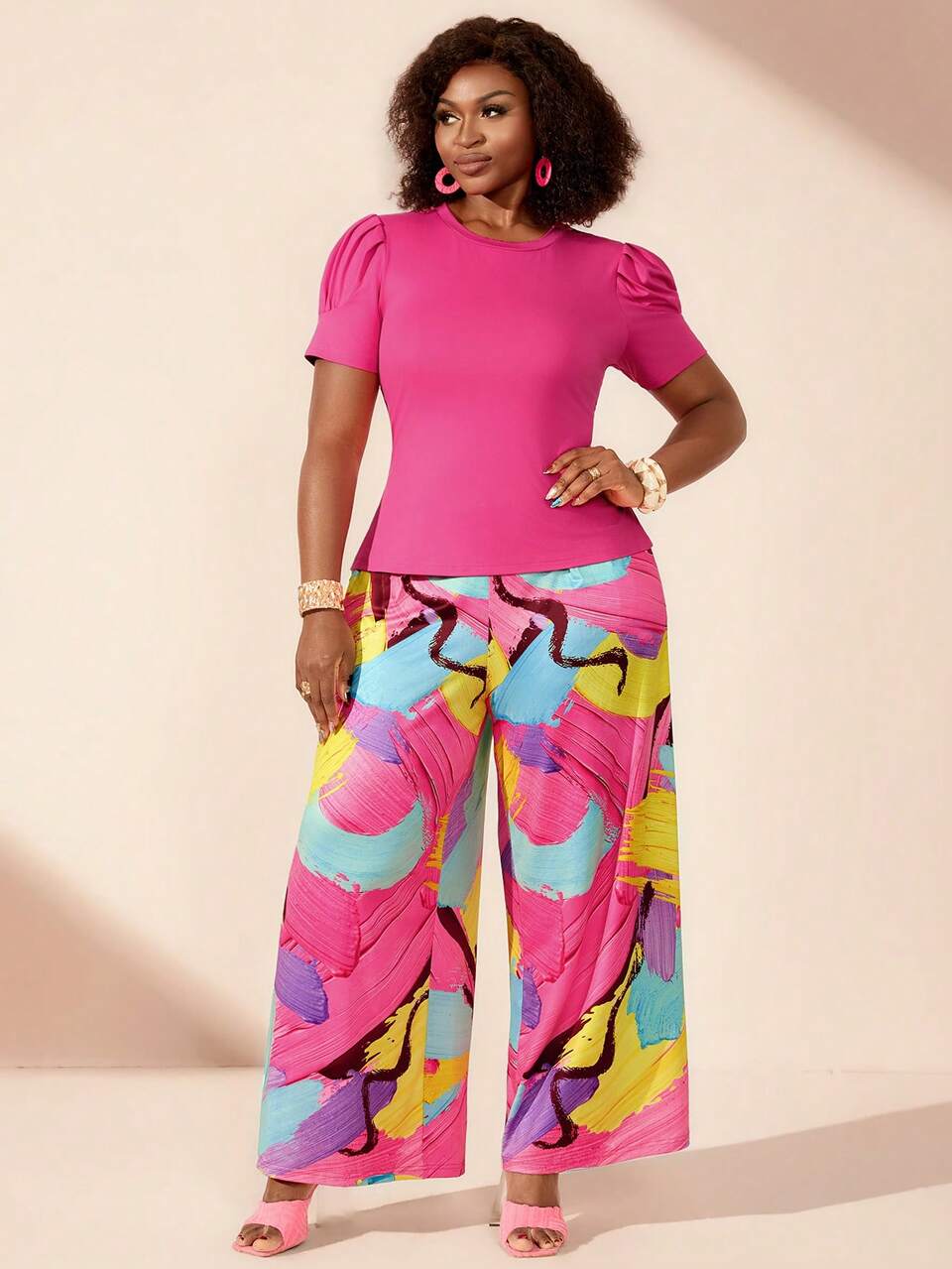 Plus Size Berry Round Neck Top And Geometric Print Wide Leg Pants 2pcs Set Summer Vacation Casual Beach Outfits For Women