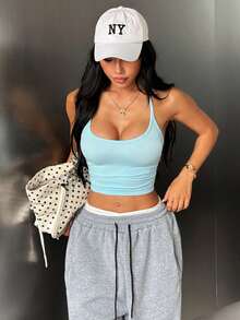 Seamluxe SHEIN Sport Seamless Sports Tank Top, Sports T-Shirt, Sexy Backless Slim Fit, Casual Sports Tank Top - Baby Blue - View 7