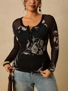 Travachic Damen-T-Shirt in Große Größen, lässig, Vintage, mit Blumenmuster, Mesh, Langarm, Basisschicht, für alle Jahreszeiten geeignet - Schwarz - Übersicht 2
