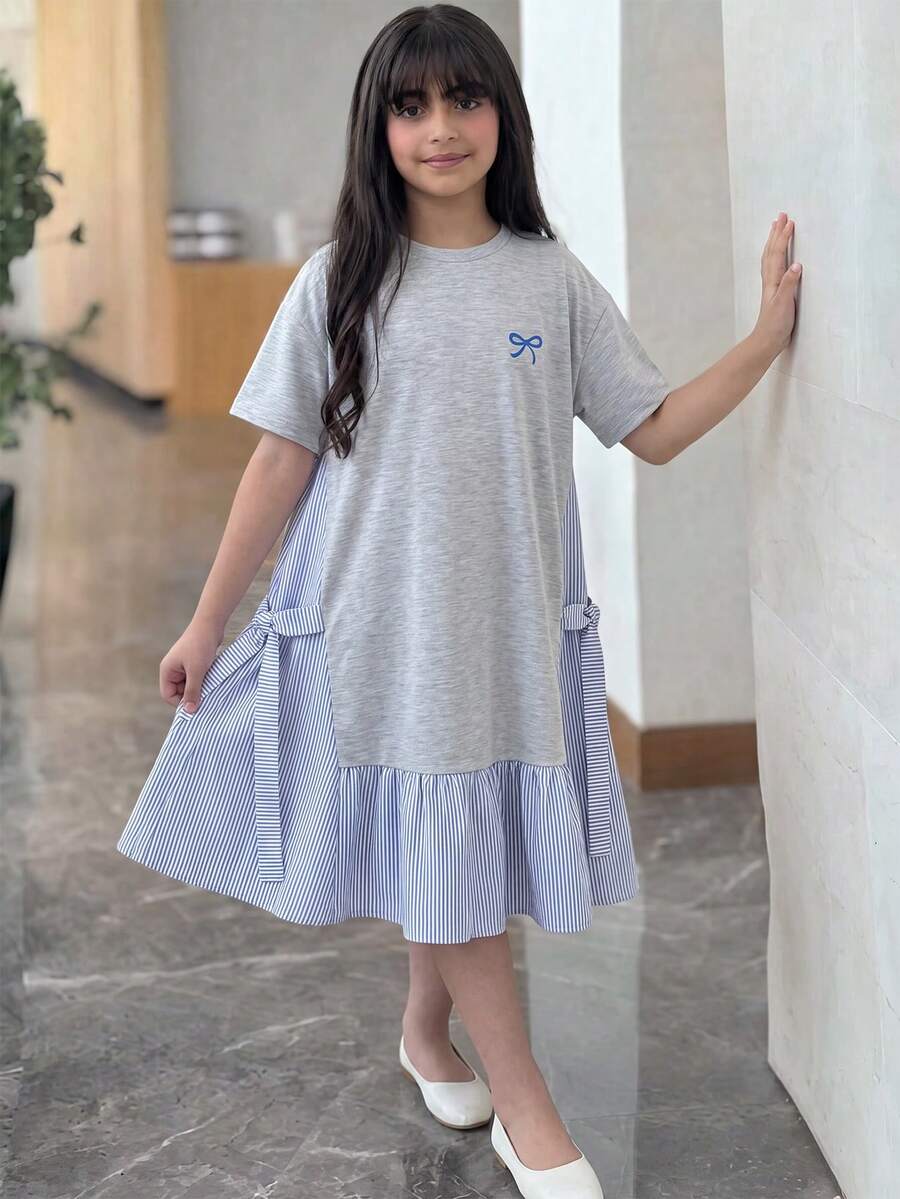 SHEIN 少女蝴蝶結印花拼接條紋荷葉邊下擺洋裝 - 灰色 - 查看 1
