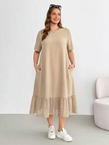 Shapeblank Plus-Size Women's Spring/Summer Fashion Casual Loose Comfortable Everyday Basic Versatile Slimming Black Short-Sleeved Chiffon Patchwork Mid-Length Dress,Summer Outfits,Pocket Dress,Simple Style - Apricot - View 7