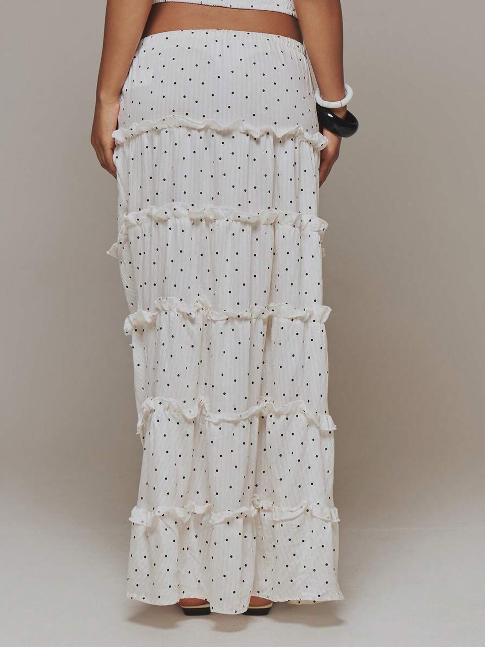 Falda Maxi Fluida con Dobladillo con Volantes, Lunares, Cintura Elástica con Lazo, Solo Bottom, Sexy y Linda, Primavera Verano, Vacaciones, Salidas, Estilo Femenino, Chica Cool, Late Checkout