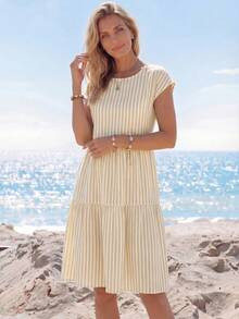 SHEIN LUNE Pink And White Striped Base Striped Print Casual Tropical Minimalist Loose Round Neck Short Sleeve Mid-Length Women's Dress Beach Vacation Summer - Multicolor - View 5