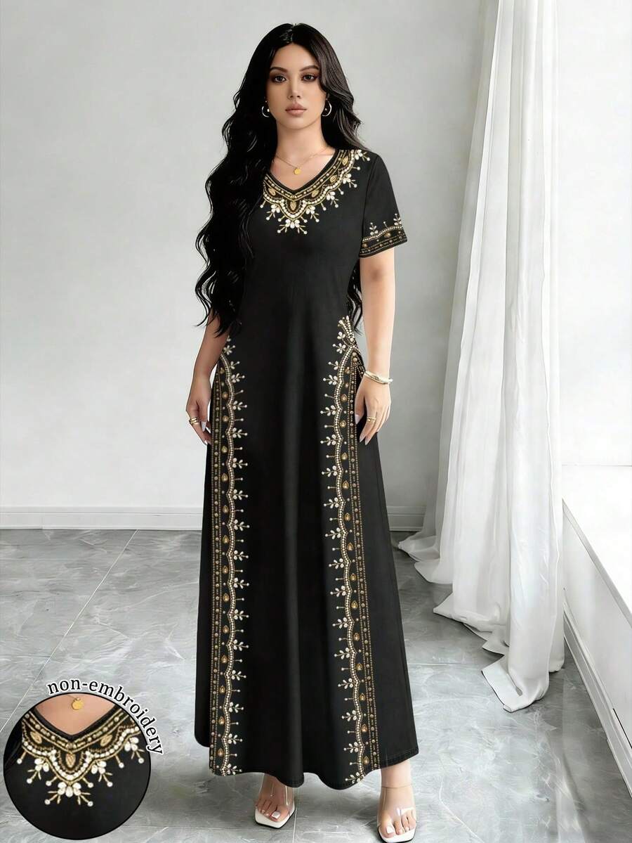 SHEIN Najma 女士花卉植物印花V领短袖优雅连衣裙,春夏款 - 彩色 - 查看 1