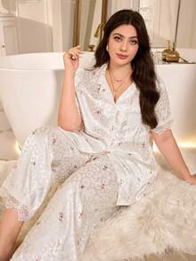 SHEIN Plus Size Elegant Faux Silk Floral Leopard Print Jacquard Contrast Lace Pajama Set - White - View 1