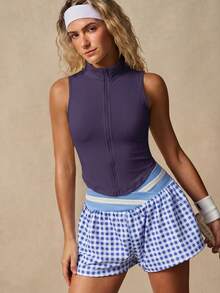 VARSIVA Camiseta deportiva sin mangas con cremallera delantera de unicolor para mujer - Morado - Ver 3