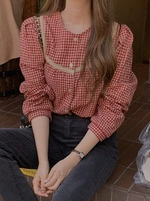 DAZY Women's Plaid Shirt,Long Sleeve Tops - Red - View 1