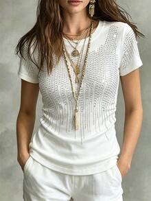 Glimmora Shiny Rhinestone Embellished Fashionable Minimalist Women's Drawstring Waist T-Shirt, Gift For Friends - White - View 3