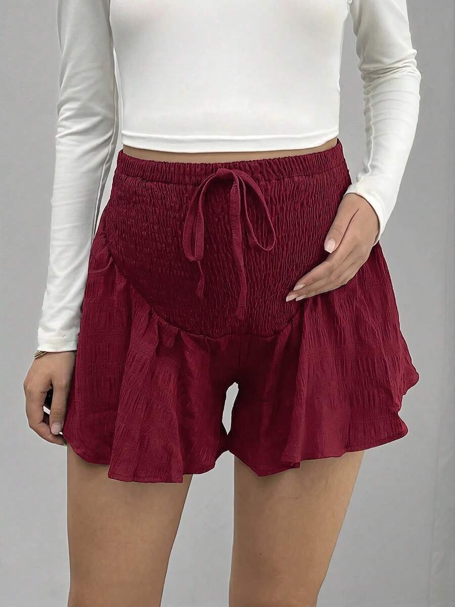 SHEIN 孕婦夏季休閒純色抽褶腰短褲 - 酒紅色 - 查看 1