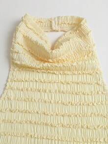 Sweetra Women's Spring/Summer Yellow Vacation Casual Textured Draped Neck Cowl Neck Sleeveless Backless Fitted Tank Top - Yellow - View 4