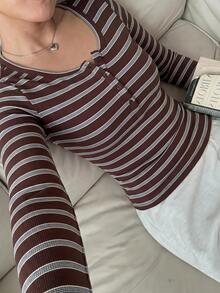 CovetEZ 女款休閒極簡秋季棕色條紋半鈕扣羅紋針織修身T恤，適合日常通勤、派對、秋冬/夏季、聖誕節、新年、感恩節、婚禮、海灘、畢業典禮、優雅、外出、約會、情人節、度假、Y2K - 彩色 - 查看 5