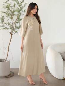 Al Najma Women's Elegant Arabian Dress With 3D Floral Decor And Raglan 3/4 Sleeves - Khaki - View 3