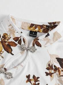 SHEIN PariChic 女款花卉印花青蛙鈕扣設計不對稱下擺背心上衣 - 黃色 - 查看 4