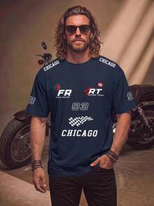 Fenqiro Manfinity Streetrush Men's Round Neck Short Sleeve Tee With Letter And Number Print, Casual Daily Wear - Navy Blue - View 1