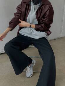 DAZY Chaqueta de cuero de motocicleta con solapa y cremallera, holgada y casual, manga larga, abrigo exterior para mujer, estilo escolar - Rojo - Ver 2