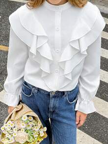 SHEIN 青少年女孩休閒優雅純白色層次荷葉邊襯衫，純白色上衣，優雅白色襯衫，學院風，返校季，長袖白色襯衫 - 白色 - 查看 8