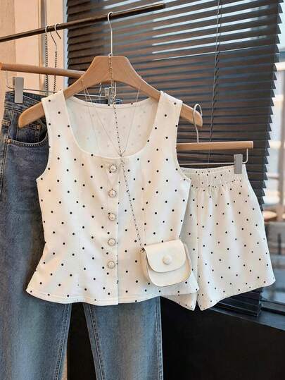 SHEIN Franclia Women's Elegant And Casual Summer Elegant White Black Polka Dot Co-Ord, Sleeveless Vest & Shorts