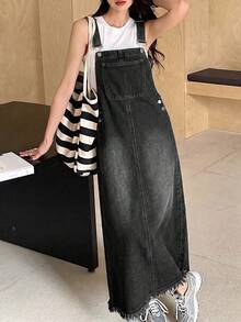 Teen Girls Blue Denim Loose Overall Dress - Black - View 5